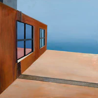 a painting of a building with windows overlooking the ocean