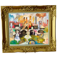 a painting of a woman and a giraffe in a gold frame