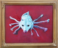 a painting of a dog on a red background