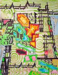 a drawing of a green building with a lot of different colors