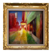 a painting of a street scene in a gold frame