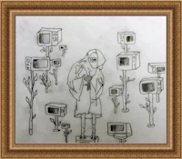 a drawing of a person standing in front of televisions