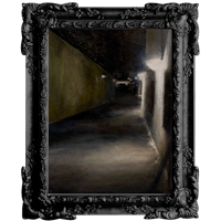 a painting of a dark hallway in a black frame