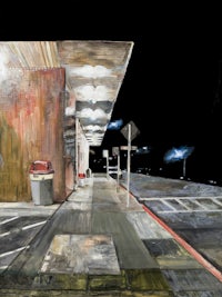 a painting of a gas station at night