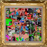 a gold frame with a collage of various images