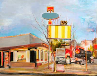a painting of a truck in front of a building