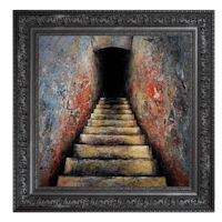 a painting of a staircase in a black frame