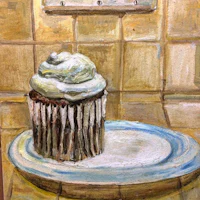 a painting of a cupcake on a plate