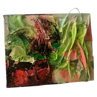 a painting with red, green, and blue paint on a piece of paper