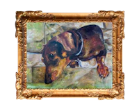 a painting of a dachshund in a gold frame