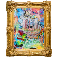a colorful painting in a gold frame