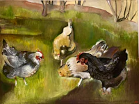 a painting of a group of chickens in a field