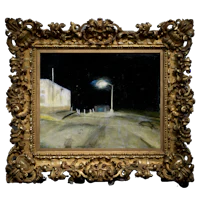 a painting of a night scene with a street light