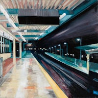 a painting of a train station at night