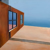 a painting of a building with windows and a view of the ocean