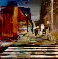 a painting of people crossing a street at night