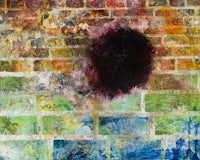 a painting of a brick wall with a black hole in it