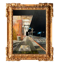 a painting of a street scene in a gold frame