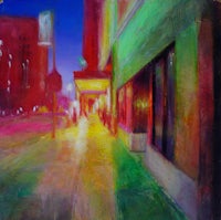 a painting of a street scene at night