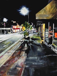 a painting of a city street at night
