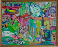 a painting with many colorful objects in a gold frame