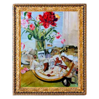 a painting of flowers in a gold frame