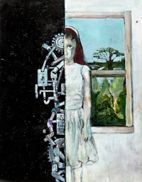a painting of a girl looking out of a window
