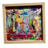a wooden frame with a colorful painting on it