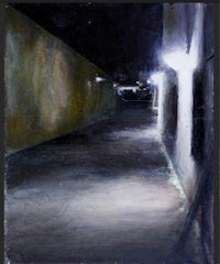 an oil painting of a dark alleyway