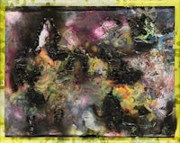 an abstract painting with black, yellow, and green colors