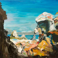 a painting of a beach with rocks and water