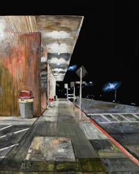 a painting of a gas station at night