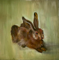 a painting of a brown rabbit sitting on a green background