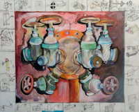 a painting of a group of pipes and valves