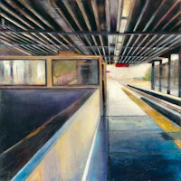 a painting of a train station with a bench