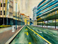 a painting of a street with buildings in the background