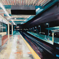 a painting of a train station at night