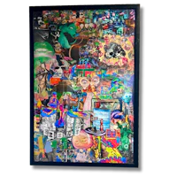 a framed piece of art with a lot of different things on it