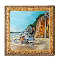a painting of a beach scene with rocks and cliffs