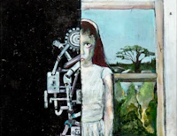 a painting of a girl looking out of a window