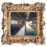 a painting of a train station in a gold frame