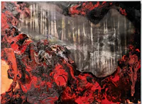 an abstract painting with red and black colors
