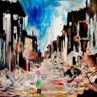 a painting of a girl walking down a street