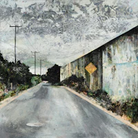 a painting of a road with a sign on it