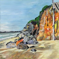 a painting of a beach with rocks and a hut