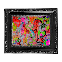 a black frame with a colorful painting on it