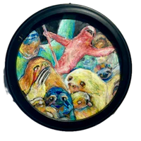 a painting of a group of sloths in a circular frame