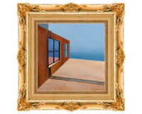 a painting of a window with a view of the ocean
