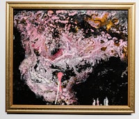 a painting with pink and black paint on a gold frame