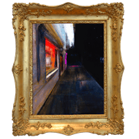 a painting of a street scene in a gold frame